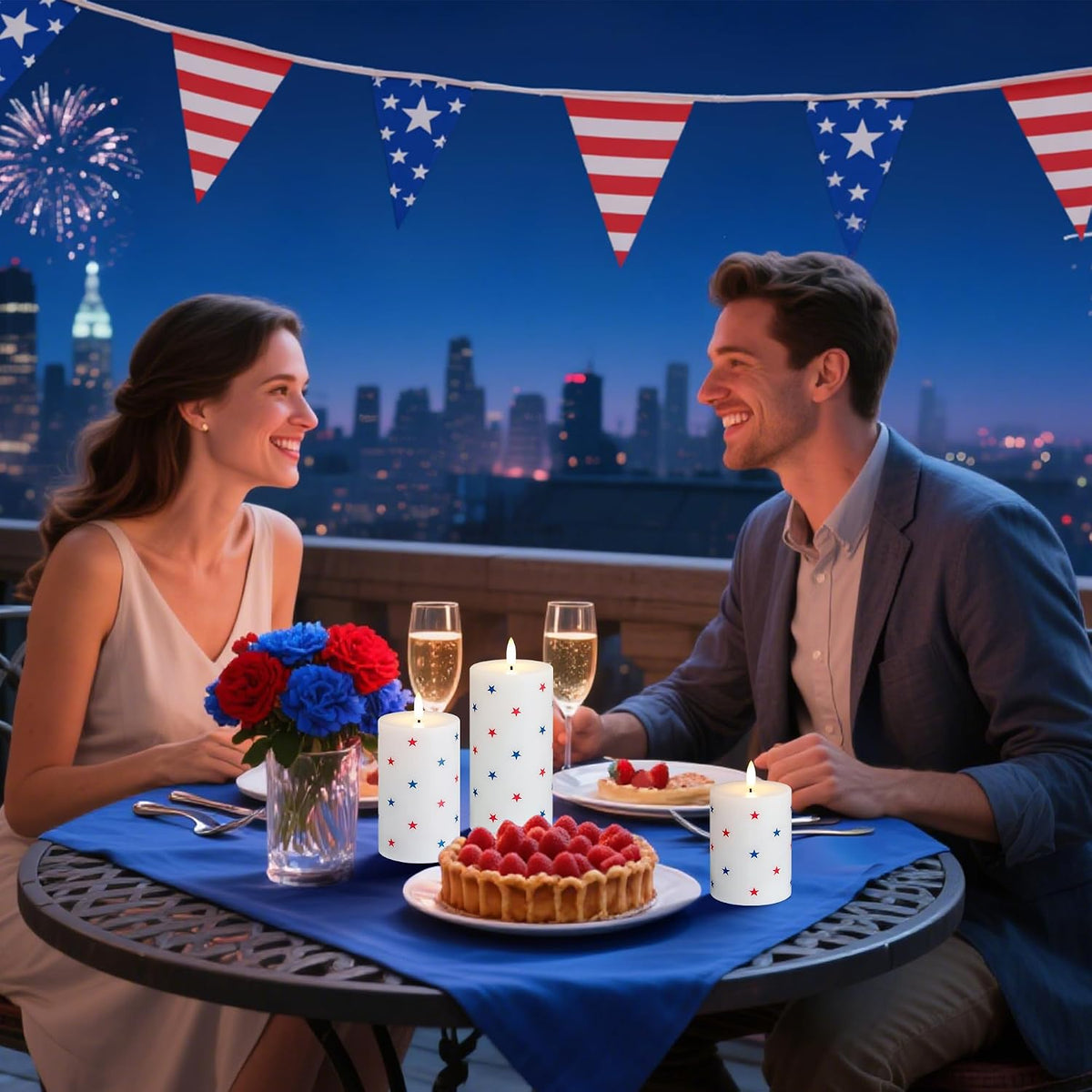 Flameless LED Candles, 3 Patriotic Americana Pillar Candles, Timer, Remote Ready, Stars Design for July 4th Memorial Day