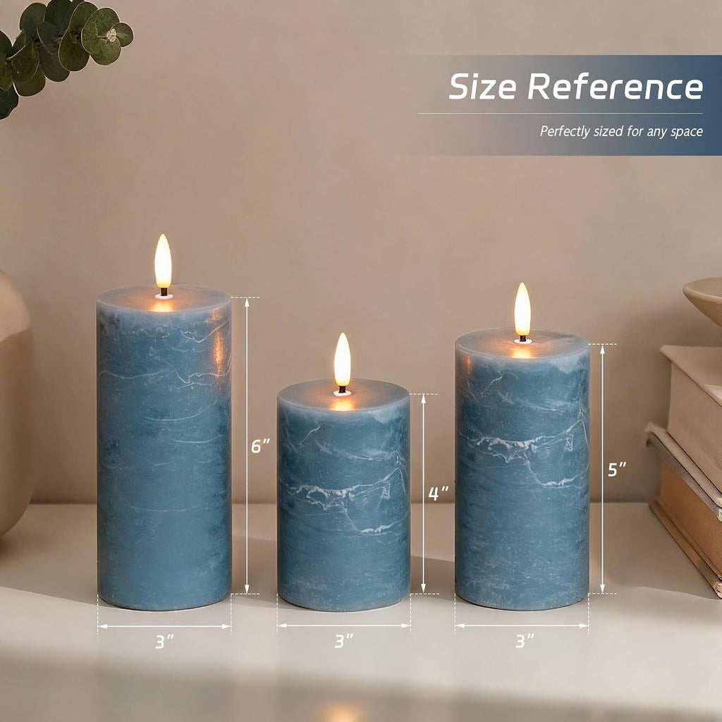 Dusty Blue Flameless Candles with Remote Timer, Battery Operated, Set of 3