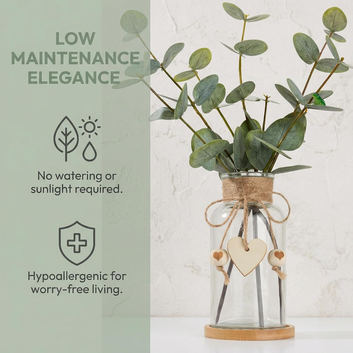 Artificial Eucalyptus Greenery Stems in Glass Vase,15" Doule Side 3D Fake Plants Eucalyptus Leaves faux Greenery for Centerpiece Table Decorations Home Room Decor office Desk Green Decor (Clear)