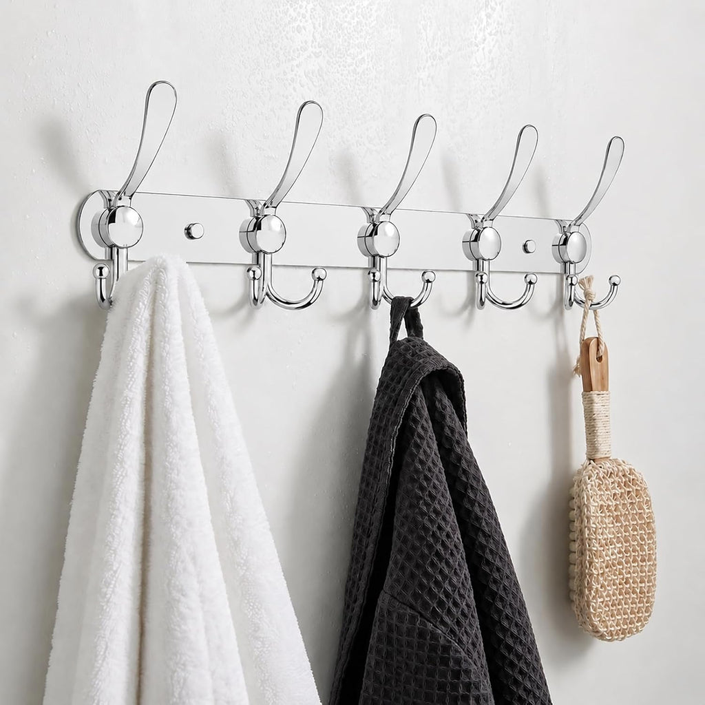 YUNISS Coat Rack Wall Mounted，5 Tri Stainless Steel Coat Hook for Coat Hat Robes Towel in Mudroom Entryway (Sliver, 2 Pack 5 Hook)