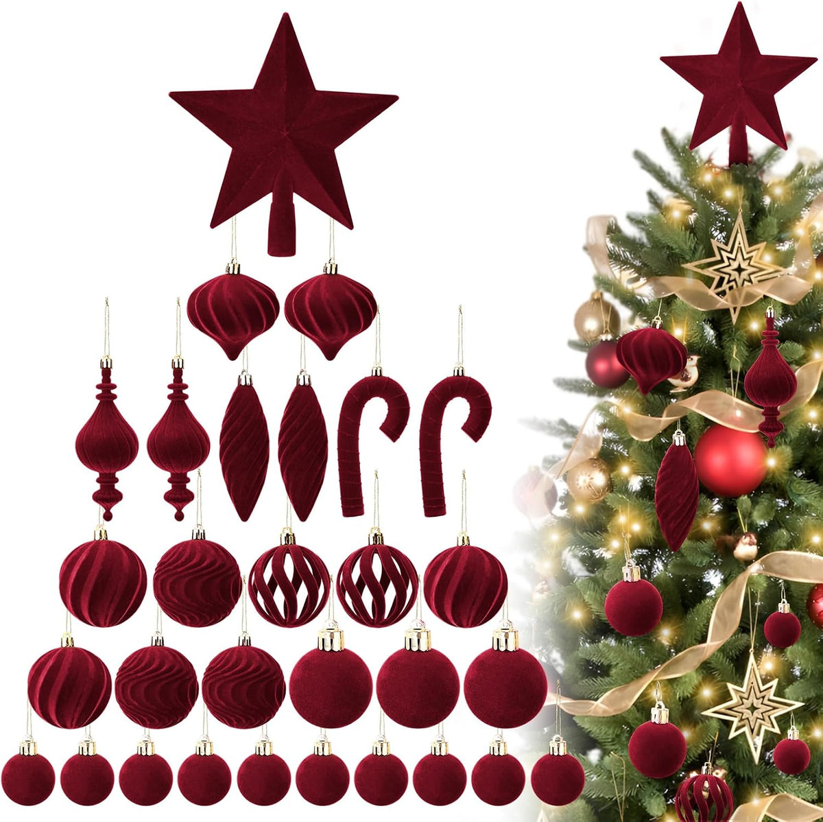 Acostop Burgundy Velvet Star Christmas Tree Topper & Ornaments Set, 30Pcs