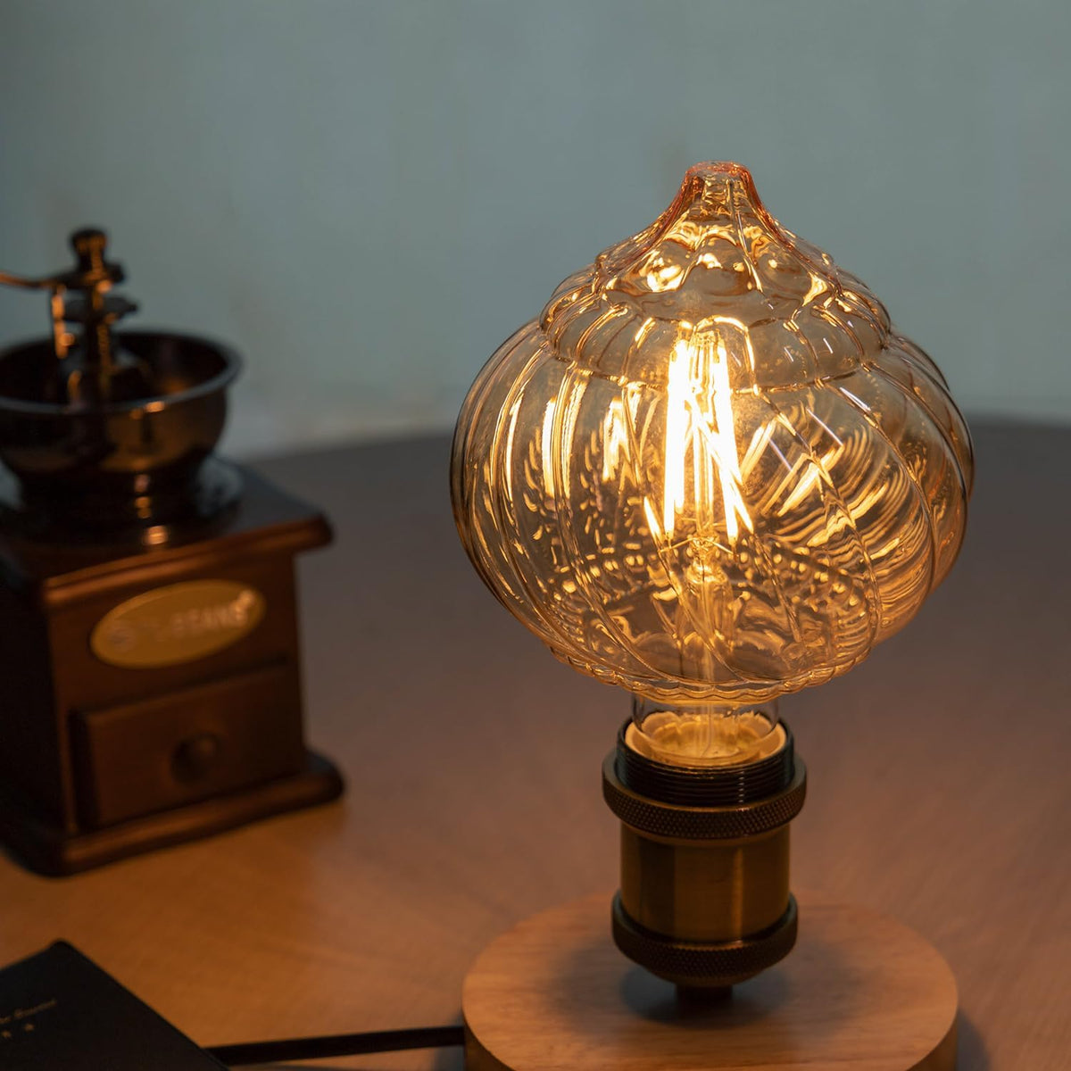 G40 LED Edison Bulb, Pumpkin Shape, Amber Hand-Blown Hard Glass, 4W 110-130V, E26, 2500K Warm Yellow Light, 400LM, Non-Dimmable, Indoor Decor Lighting (TwistCone)