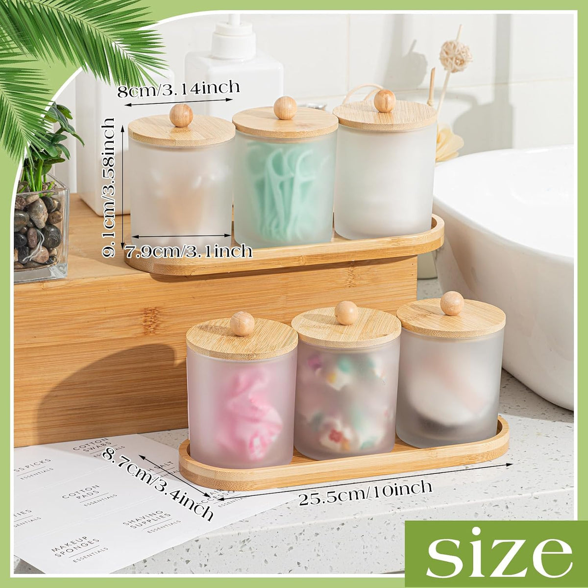 Chengu 6 Pack Cotton Swab Holder with Bamboo Lids and Trays and Labels Glass Round Swab Dispenser Cotton Ball Holder Glass Apothecary Jars Floss Pick Containers Bathroom Organizers (White)