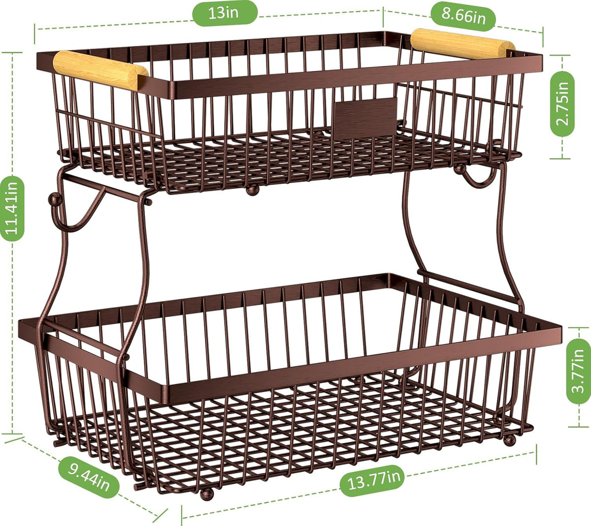 2 Tier Fruit Basket for Kitchen Counter with 2 Banana Hangers, Countertop Metal Bread Basket with Wooden Handle, Large Storage Stand for Vegetables, Snacks, Eggs, Produce Storage – Brown