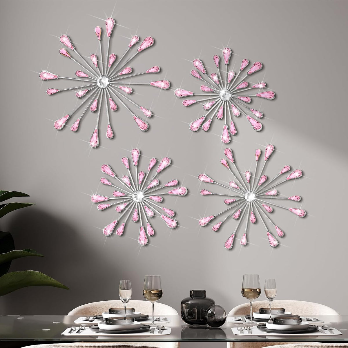 Hicarer 4 Pcs Starburst Wall Decor, Bling Metal Wall Art, Pink
