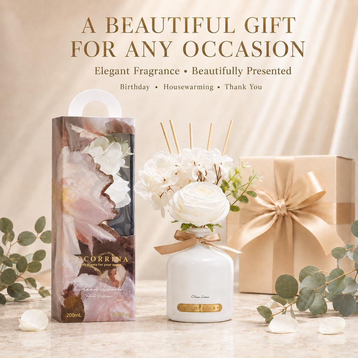 Cocorrína Clean Linen Flower Reed Diffuser Set, 6.7oz Home Fragrance with Sticks, Long Lasting Scented Diffuser for Bathroom, Bedroom, Living Room & Shelf Decor