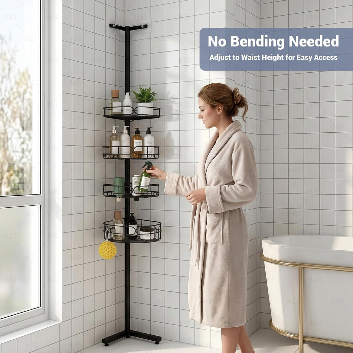 Standing Shower Caddy Corner, 4-Tier Adjustable Height Bathroom Organizer, 6-Section Pole, Sturdy Floor Standing Shelf for Shower – No Drilling, No Spring Tension