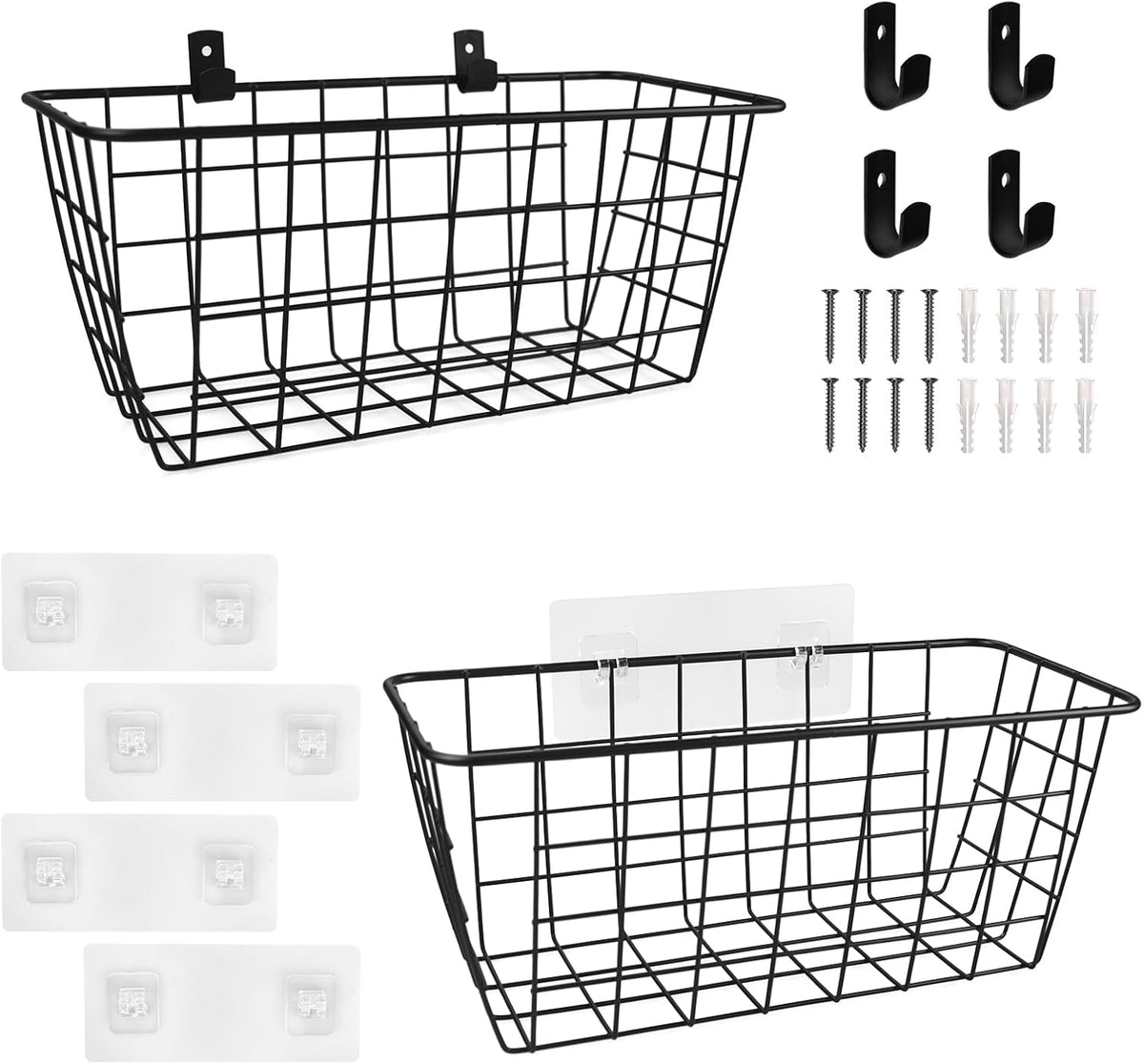Wire Hanging Wall Basket, 2 Black Metal Baskets, Adhesive Cabinet Organizer