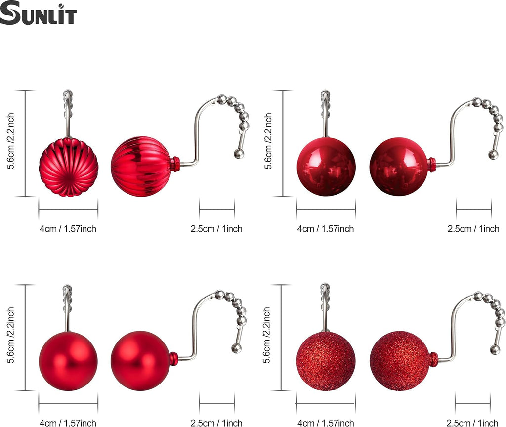 Sunlit Christmas Balls Decorative Shower Curtain Hooks, Shower Curtain Rings with Roller Balls, Xmas Theme Winter Holiday Bathroom Decoration, Set of 12, Red