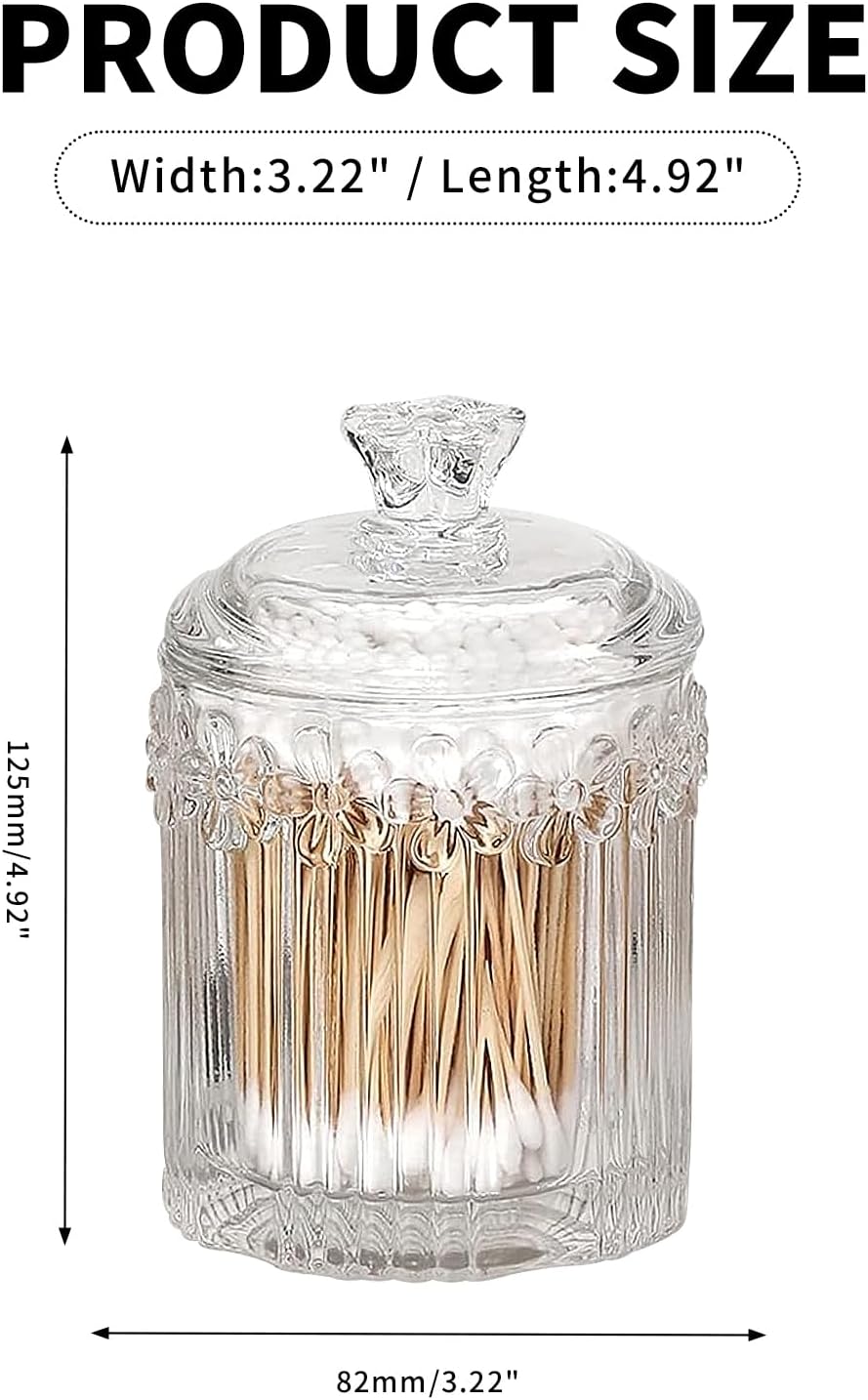 2 Pack Qtip Holder Thick Glass Apothecary Jars with Lid for Bathroom, Cotton Swab and Round Organizer, Vanity Storage Canisters for Makeup Pads, Floss (Transparent)