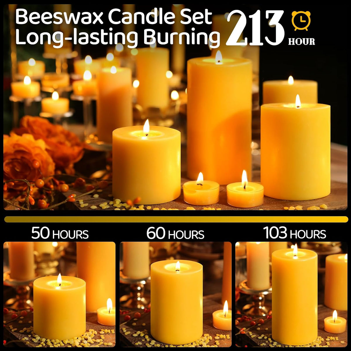 Pure Beeswax Candles,3 Pack Unscented Pillar Candles,213 Hours Long Burning Clean Burning, Smokeless Dripless Bees Wax Candle for Home,Prayer,Emergency,Dinner Table (3x3,3x4,3x6in)