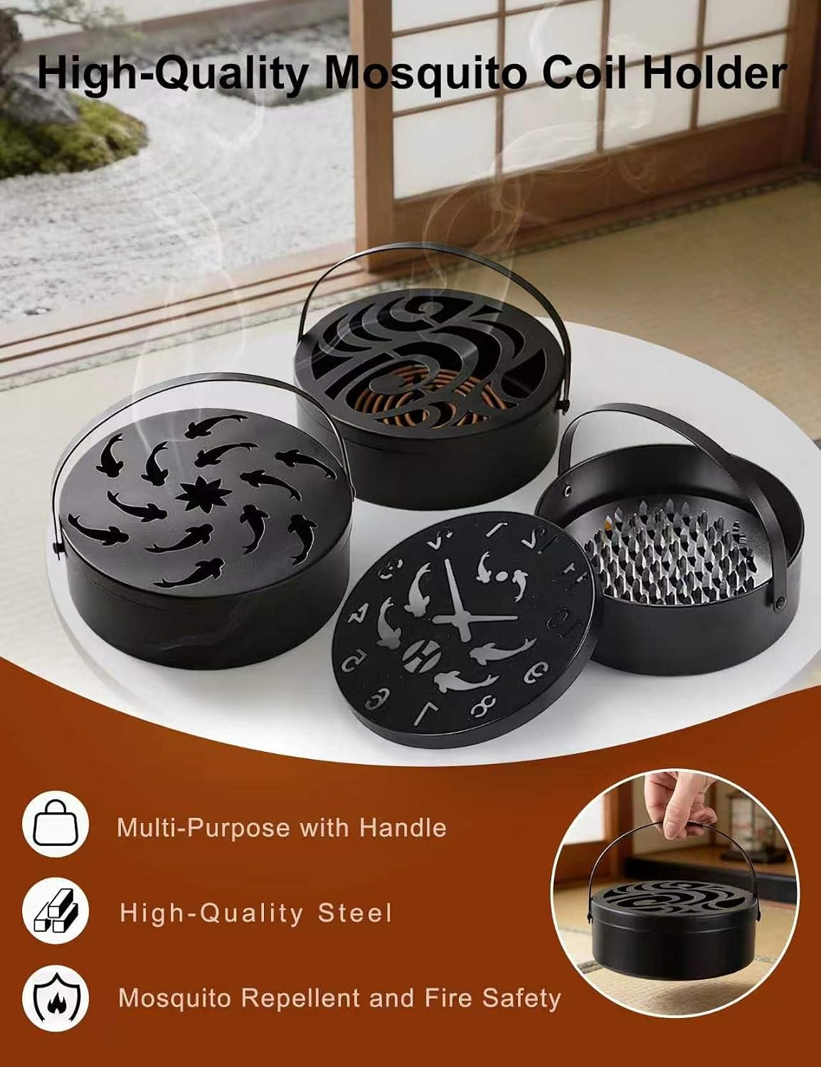 Mosquito Coil Holder Portable Iron with Handle Round Heat-Resistant Incense Holder for Home Office Camping (Style B)