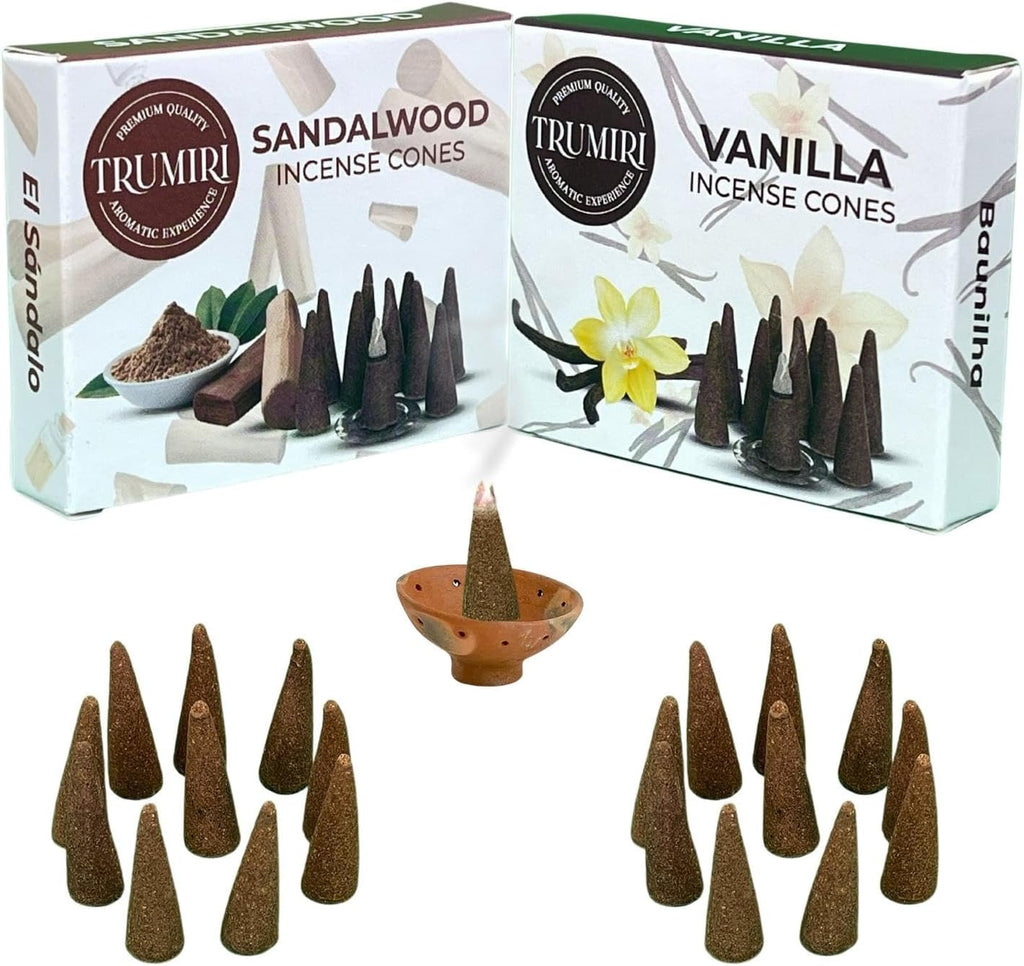 TRUMIRI Incense Cones - Combo Pack of 20 Cone Incense - 10 Vanilla + 10 Sandalwood - Insence Cones - Incense Cones Scented - Cone Incense Scents - Insense Cones - Incent Cone