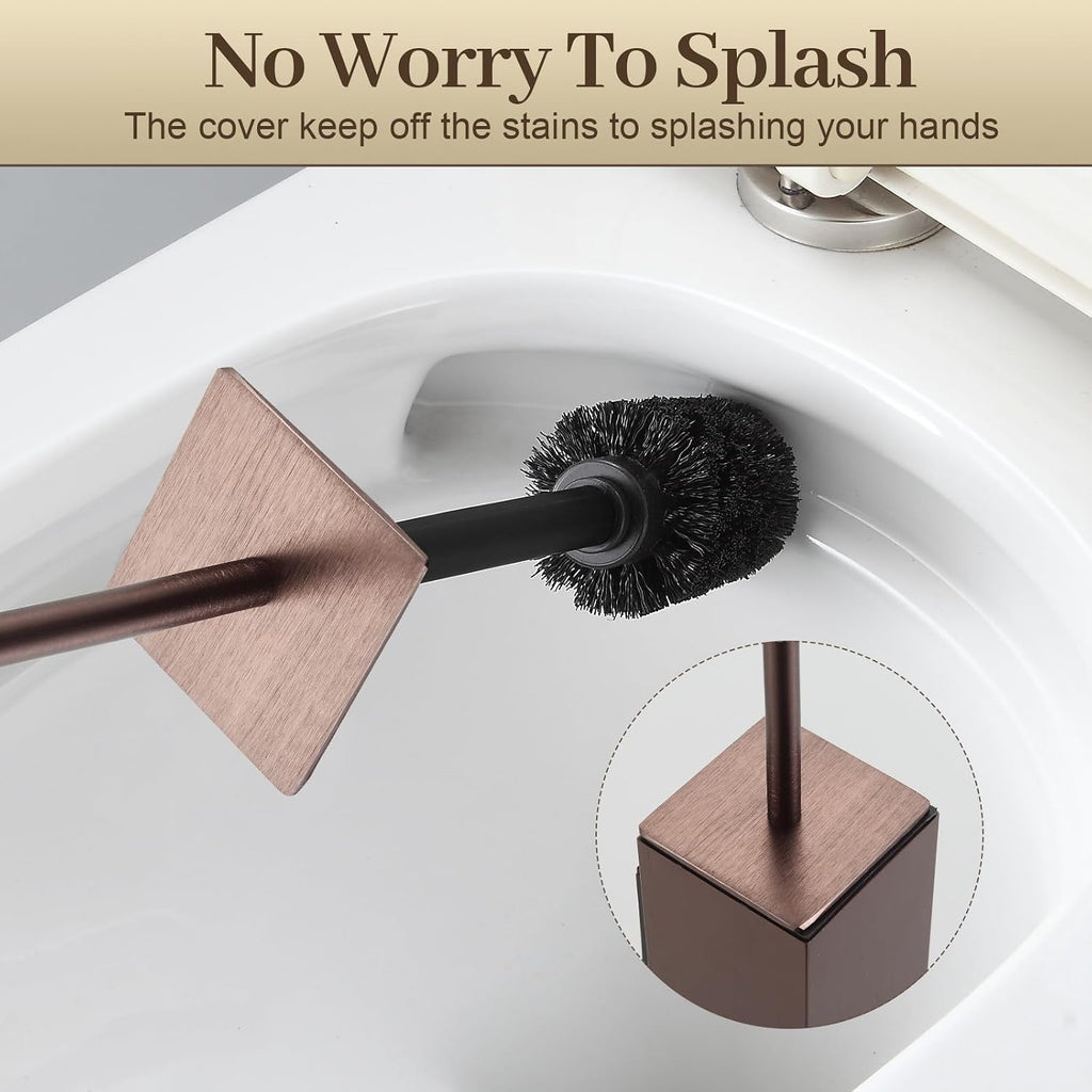 Toilet Brush and Holder Wall Mounted, Brushed Rose Gold Aluminum with 2 Replaceable Heads, Bathroom Toilet Brush, Drill or 3M Adhesive Mount, Removable Liner and Splash Guard, Modern Square Design
