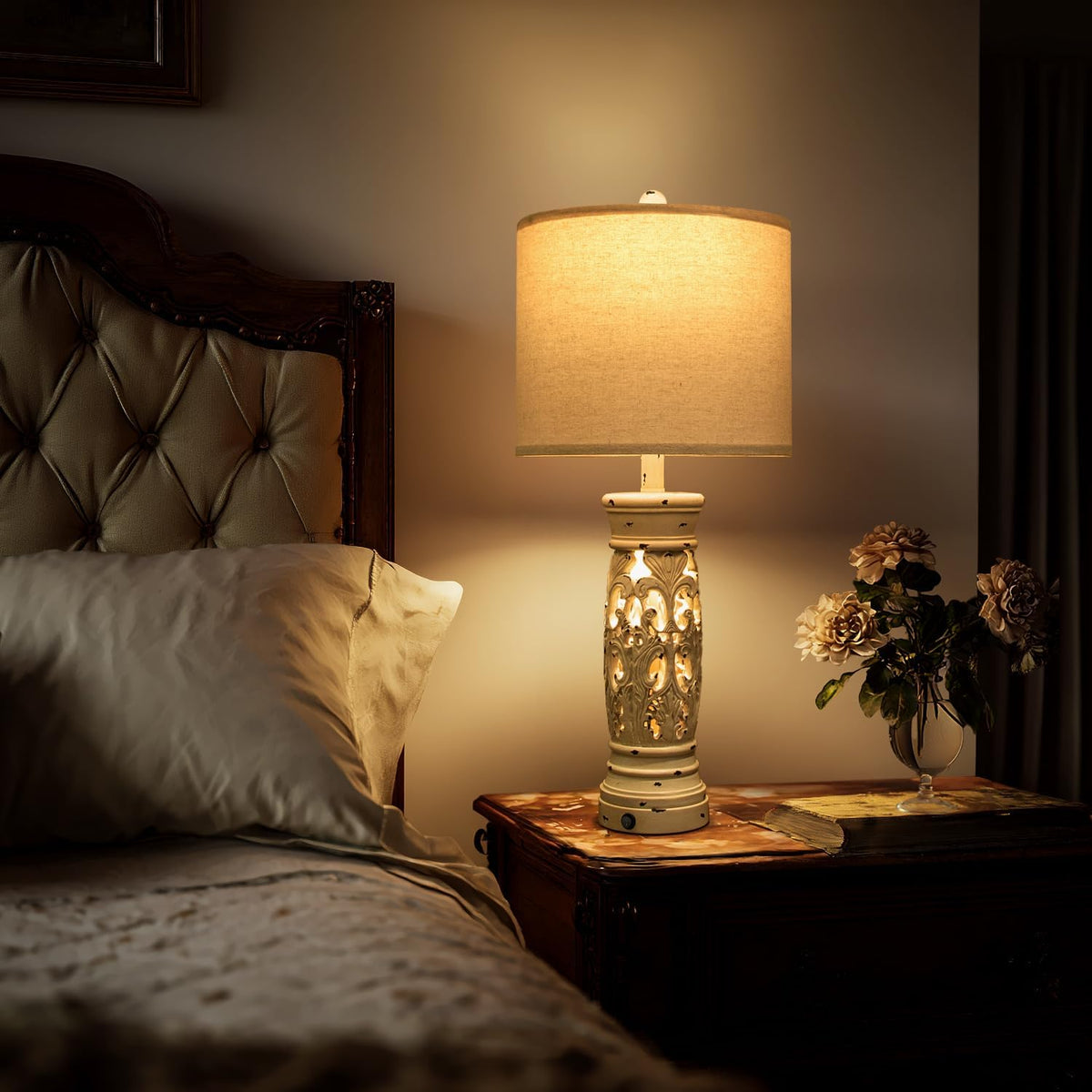 27.25" Farmhouse Lamp with Night Light, Rustic Table Lamps Set of 2, White