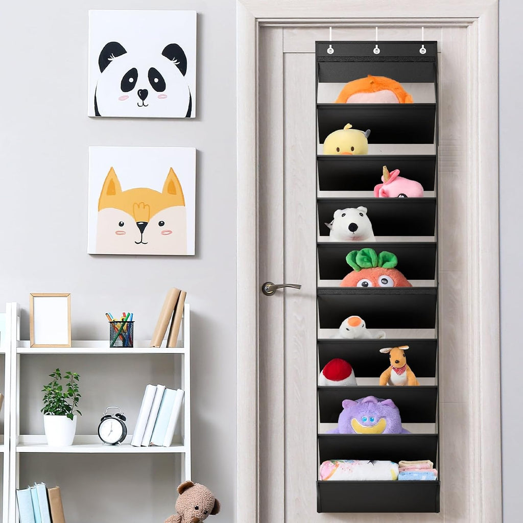 WERNNSAI Over the Door Shoe Organizer with Clear Curtain Dustproof, 9-Shelf Shoe Rack, Deep Pockets Large Hanging Shoes Rack for Closet Door Dorm Bedroom Guest Room Black