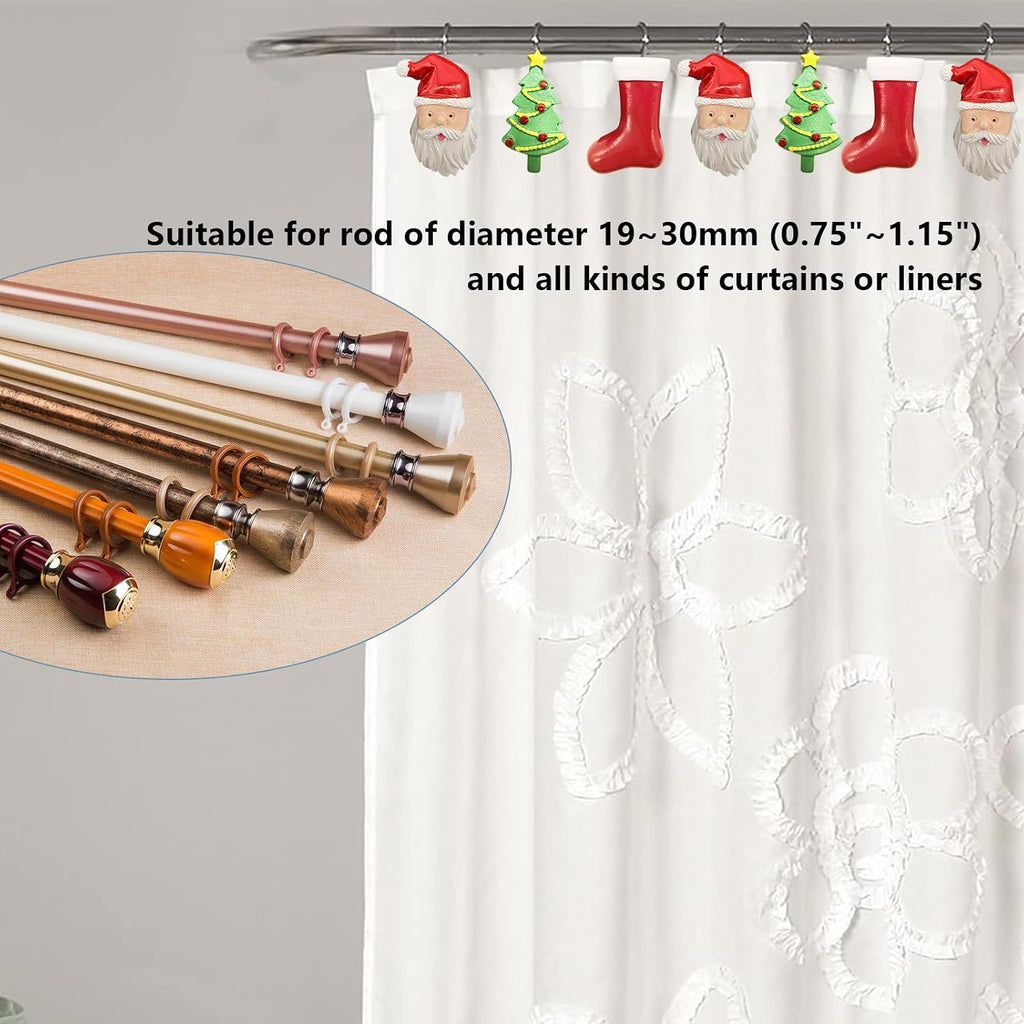Christmas Home Decorative Shower Curtain Hooks – Set of 12 Rust-Resistant Decorative Rings with Santa, Tree & Stocking Charms, Xmas Bath Curtain Hangers for Holiday Bathroom Decor (Fits Standard Rods)