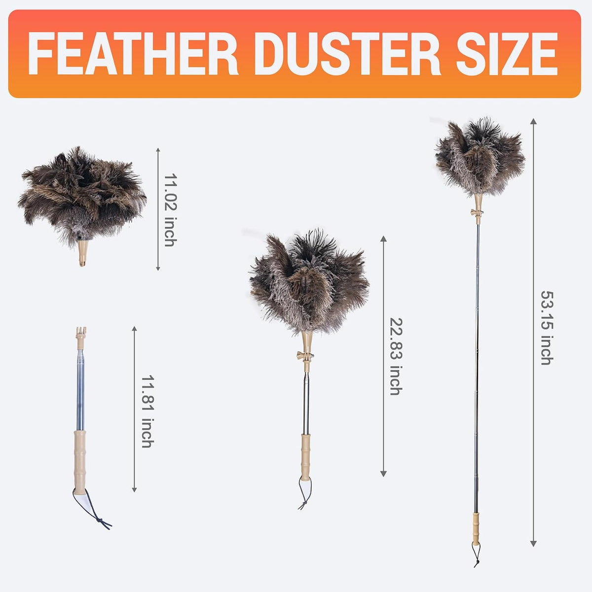 Extendable Ostrich Feather Duster, Natural Ostrich Feathers Long Handle Duster for Cleaning, 47” Soft & Fluffy Feather Duster for High Ceilings, Fans, Walls, Furniture, Home Dusting(A11-Ivory)