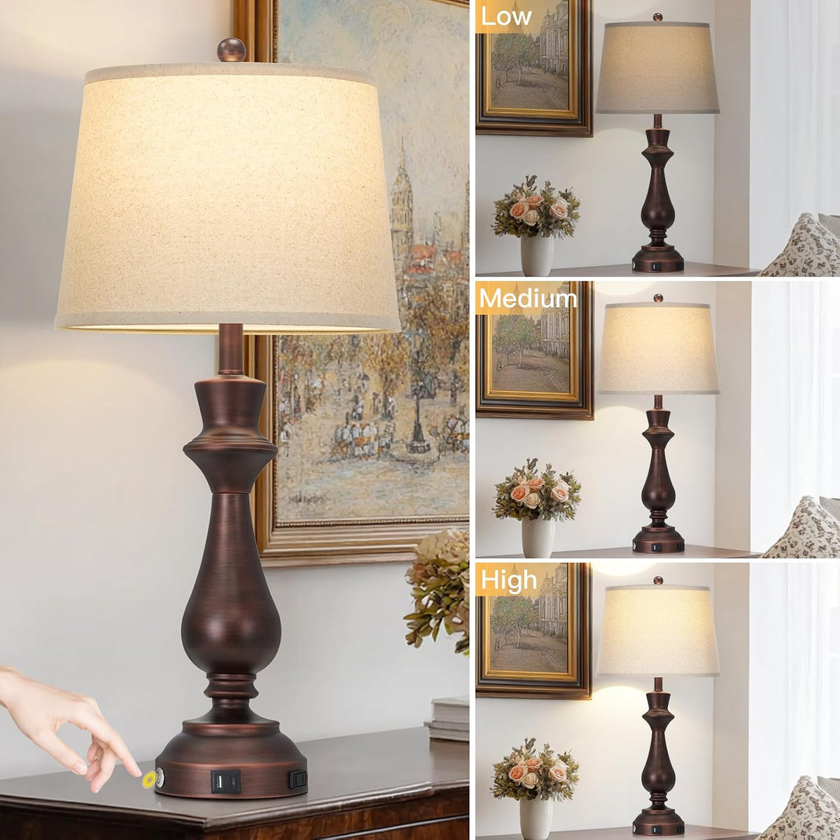 Vintage Table Lamp for Living Room,30" Tall Bedside Lamp with USB Charging Port,3-Way Dimmable Touch Nightstand Lamp for Bedroom Desk Side Table Office,Brown-1P