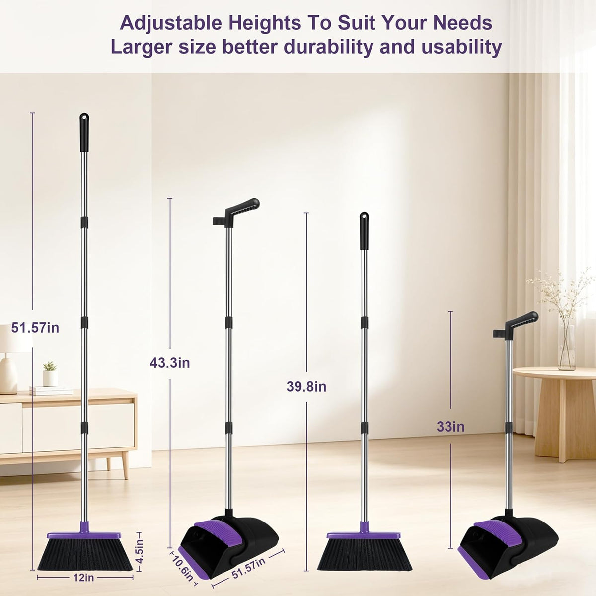 Broom and Dustpan Set, 51" Long Handle Broom with Built-in Comb - Purple
