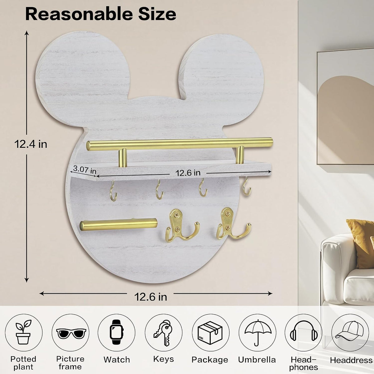 AIRPOP Key Holder for Wall–Mouse Wooden Mail Organizer Wall Mount with Shelf and 6 Hooks, Easy Installation Key Rack Hanger for Entryway Living Room Home Decor(White)