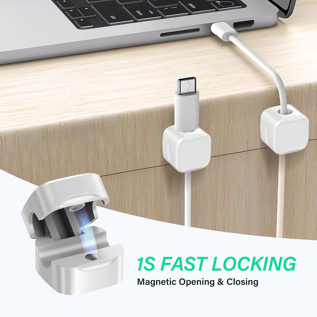 6-Pack Magnetic Cable Organizer Clips, Non-Rotating Cord Management with Double-Sided Adhesive Pads for Desk, Car, Office - Tangle-Free Solution for Charging Cables, USB Wires (White)