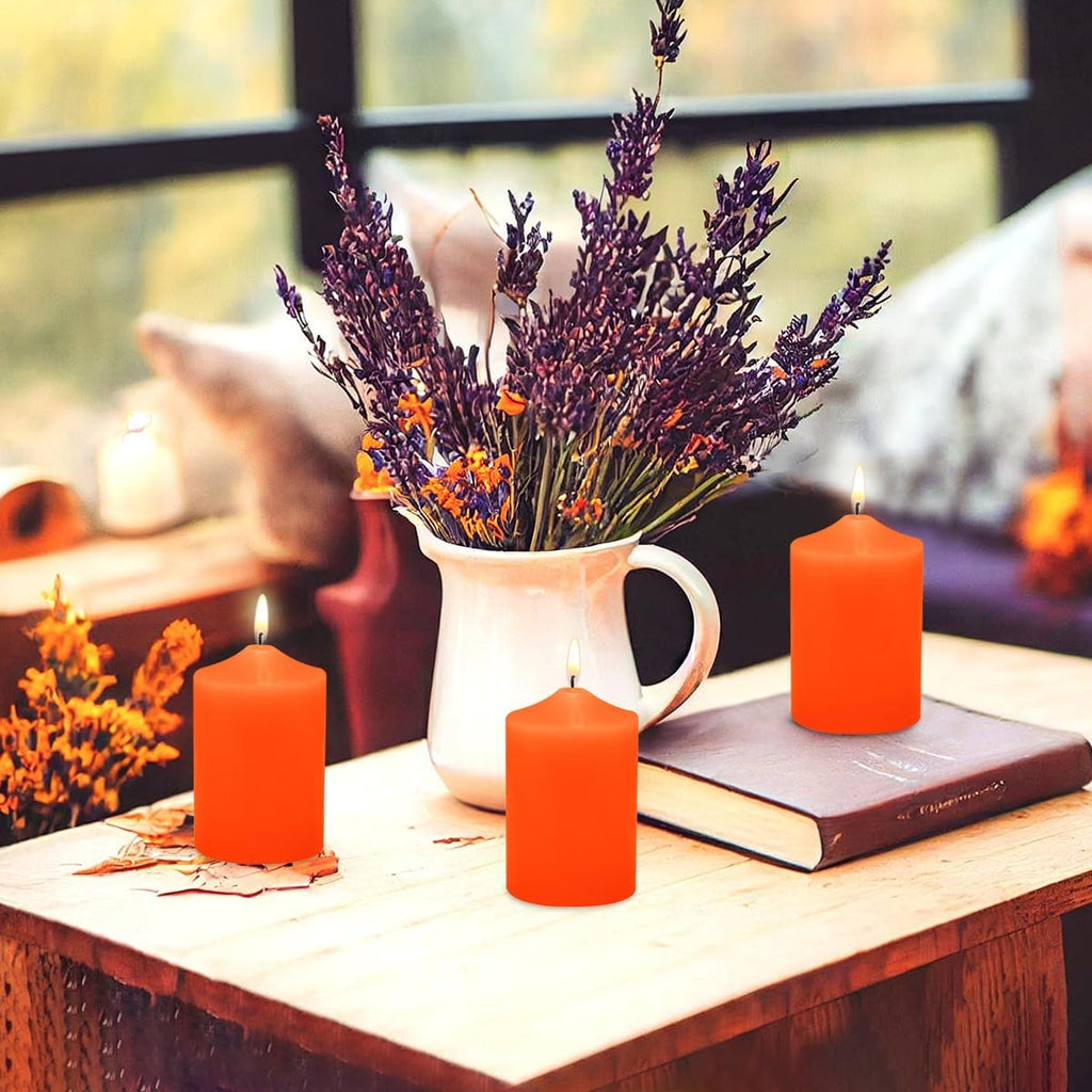12 Pack 2x3 Hand Poured Orange Dripless Pillar Candles, Soy Candles, Non-Toxic, Unscented, Smokeless, Long Burning, for Emergency, Halloween, Thanksgiving, Weddings, Dinner Parties, Home Decor