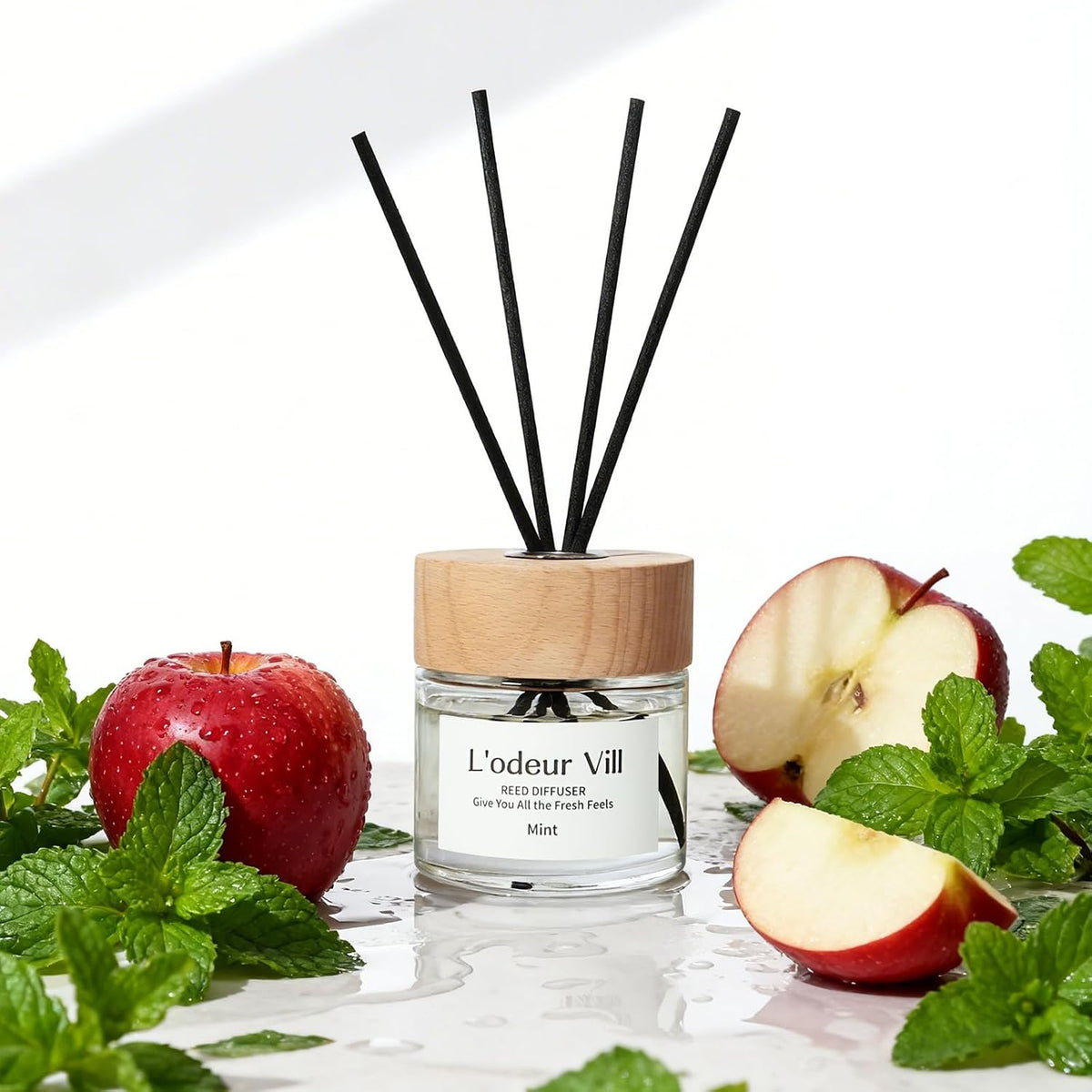 L'odeur Vill Reed Diffuser Set,Mint and Fruit 3.4 fl oz(100 ml) Oil Diffuser with 6 Reed Sticks, Home Fragrance Reed Diffuser for Bathroom Shelf Decor Scent Diffuser