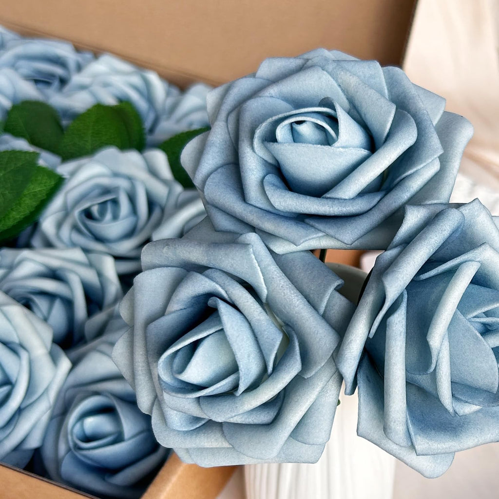 50pcs Artificial Flowers Light Blue Foam Fake Rose with Stems 12 Leaves Real Looking Faux Roses for Wedding Bouquets Bridal Shower Centerpieces Arrangements Party Tables Decorations DIY Dusty blue