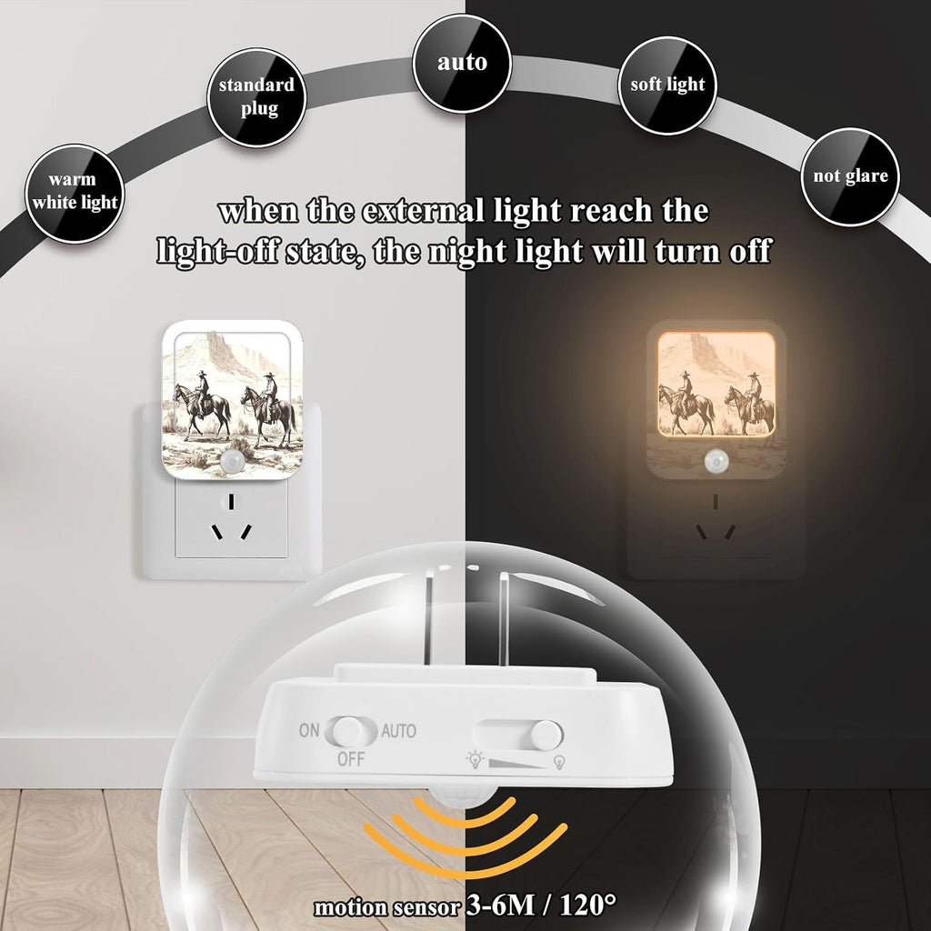 American Wild West Desert with Cowboys Night Light Plug into Wall 2 Pack Plug-in LED Nightlights with Dusk to Dawn Sensor White Light Perfect for Bathroom Kitchen Hallway and Stairs