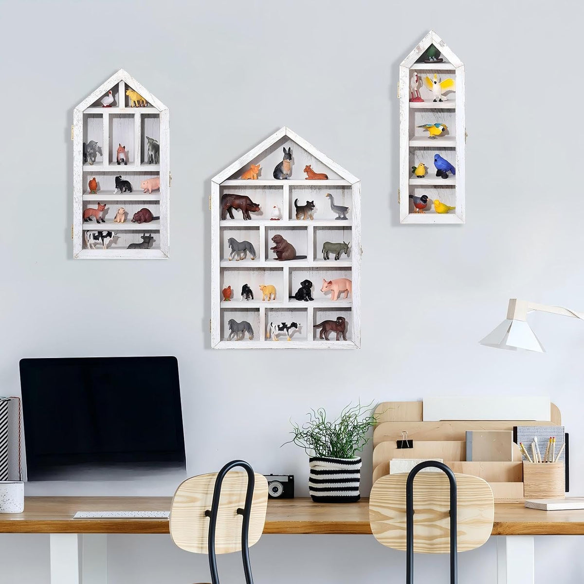 DoubleFill 3 Pcs Trinket Shelf Shadow Box, Antique White, House Shape