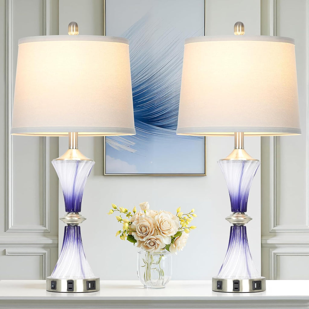 Rinweey Purple Glass Table Lamp Set of 2 with USB C+A Ports & AC Outlet, Bedside Lamp, Modern Bedroom Lamps, Crystal Lamp for Night Stands Bedroom Living Room,Nightstand Lamp LED Bulbs Included