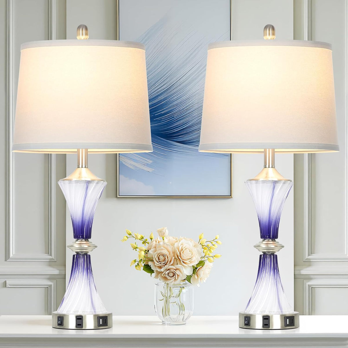 Rinweey Purple Glass Table Lamp Set of 2 with USB C+A Ports & AC Outlet, Bedside Lamp, Modern Bedroom Lamps, Crystal Lamp for Night Stands Bedroom Living Room,Nightstand Lamp LED Bulbs Included