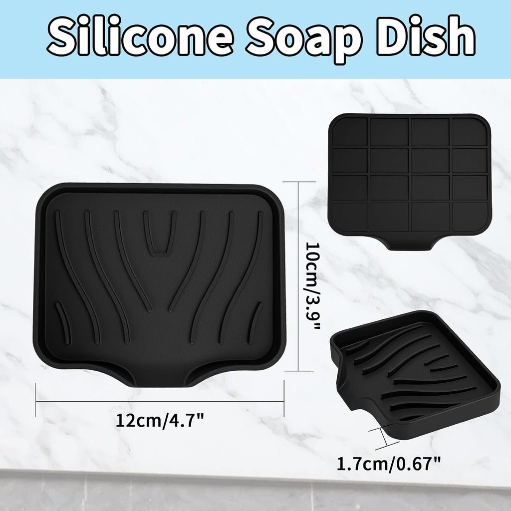 2 Pack Silicone Soap Dish with Drain, Self Draining Bar Soap Holder for Shower, Silicone Dish Soap Tray, Bathroom and Kitchen Sink Organizer, Black
