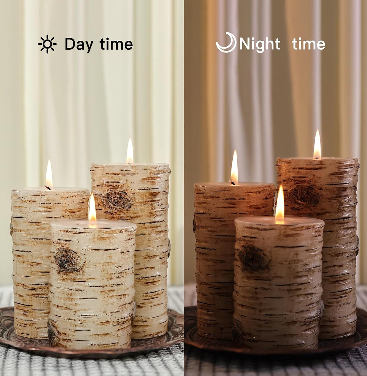 Rustic Birch Bark Pillar Candle Set of 3, Unscented Home Decor