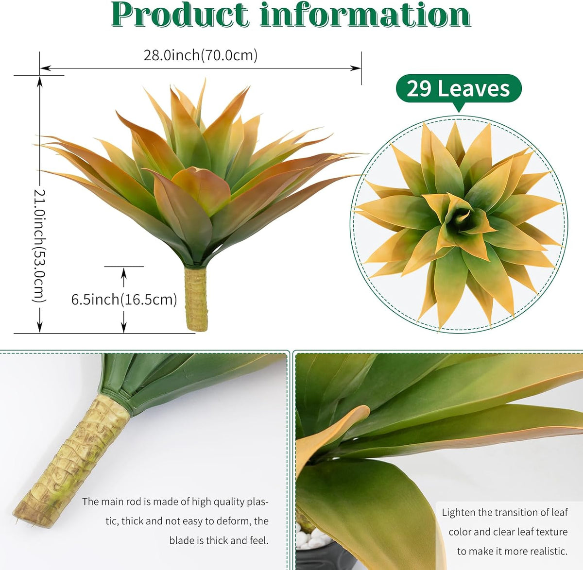 2 Pack Artificial Agave Plants 28 Inch Large Size Fake Succulent Stems Realistic UV Resistant Faux Plants for Outdoor Decorating Tropical Plant Greenery Front Porch Decor - 29 Leaves, Yellow