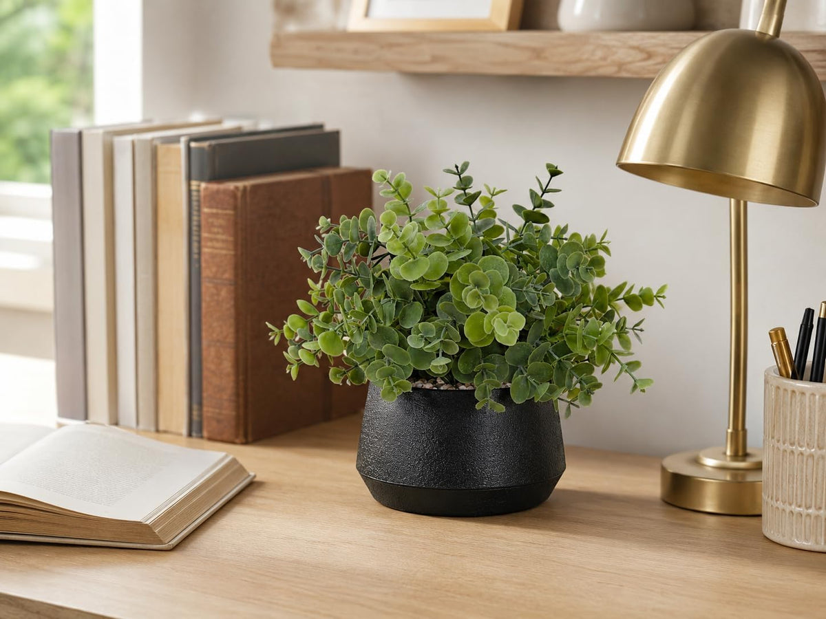 365 Blooming Decor Artificial Eucalyptus Plant–10.2"x11.4" Luxury Faux Potted Greenery in Black Textured Pot with Real Pebbles, Premium Material, No Assembly, Farmhouse, Coffee Table, Bathroom Decor//