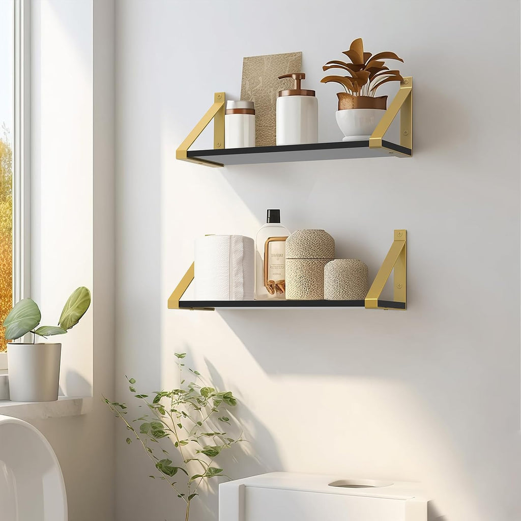 Gold Black Floating Shelves Wall Mounted Set of 2, 8mm Transparent Acrylic, Invisible Wall Shelves for Bedroom, Living Room, Bathroom, Kitchen, Office Display Decor (13in)