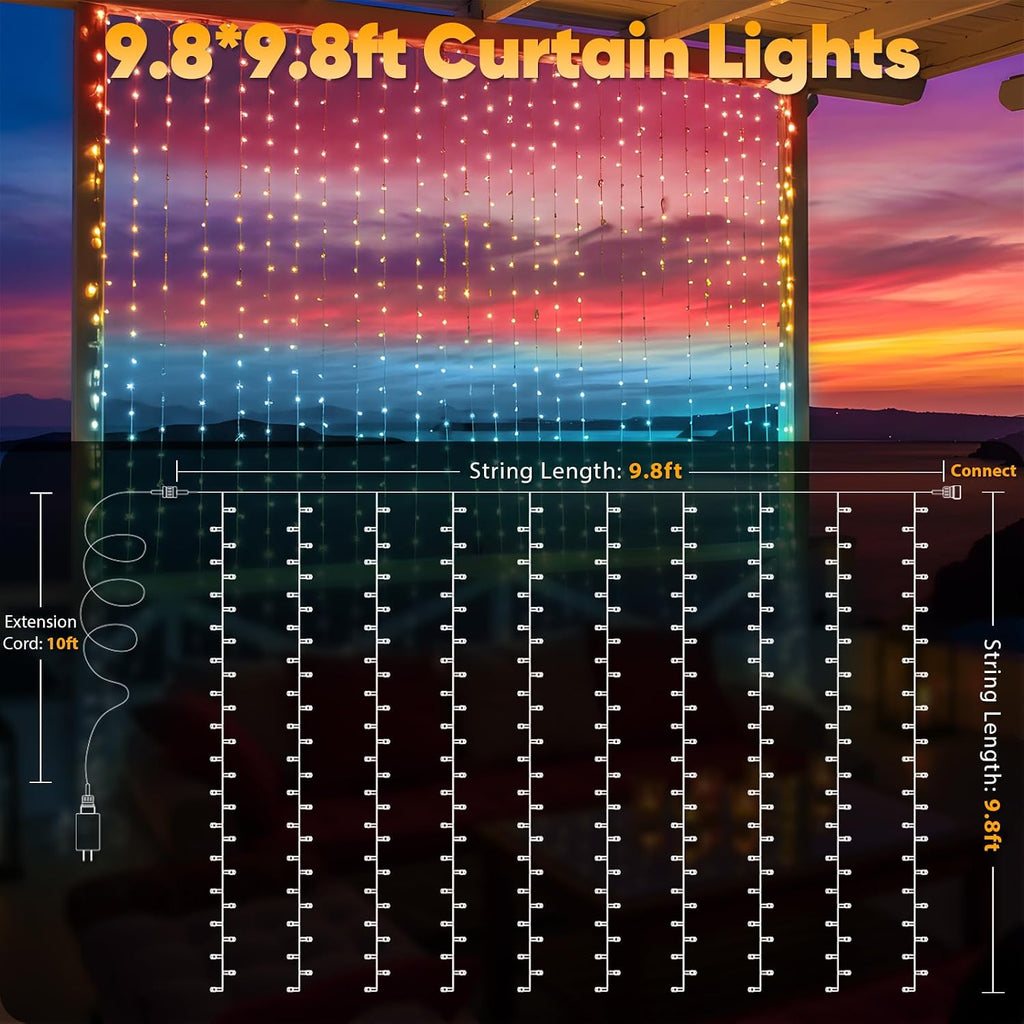 suddus Curtain Lights, 300 Led 9.8 * 9.8ft Sunset Curtain Fairy Lights