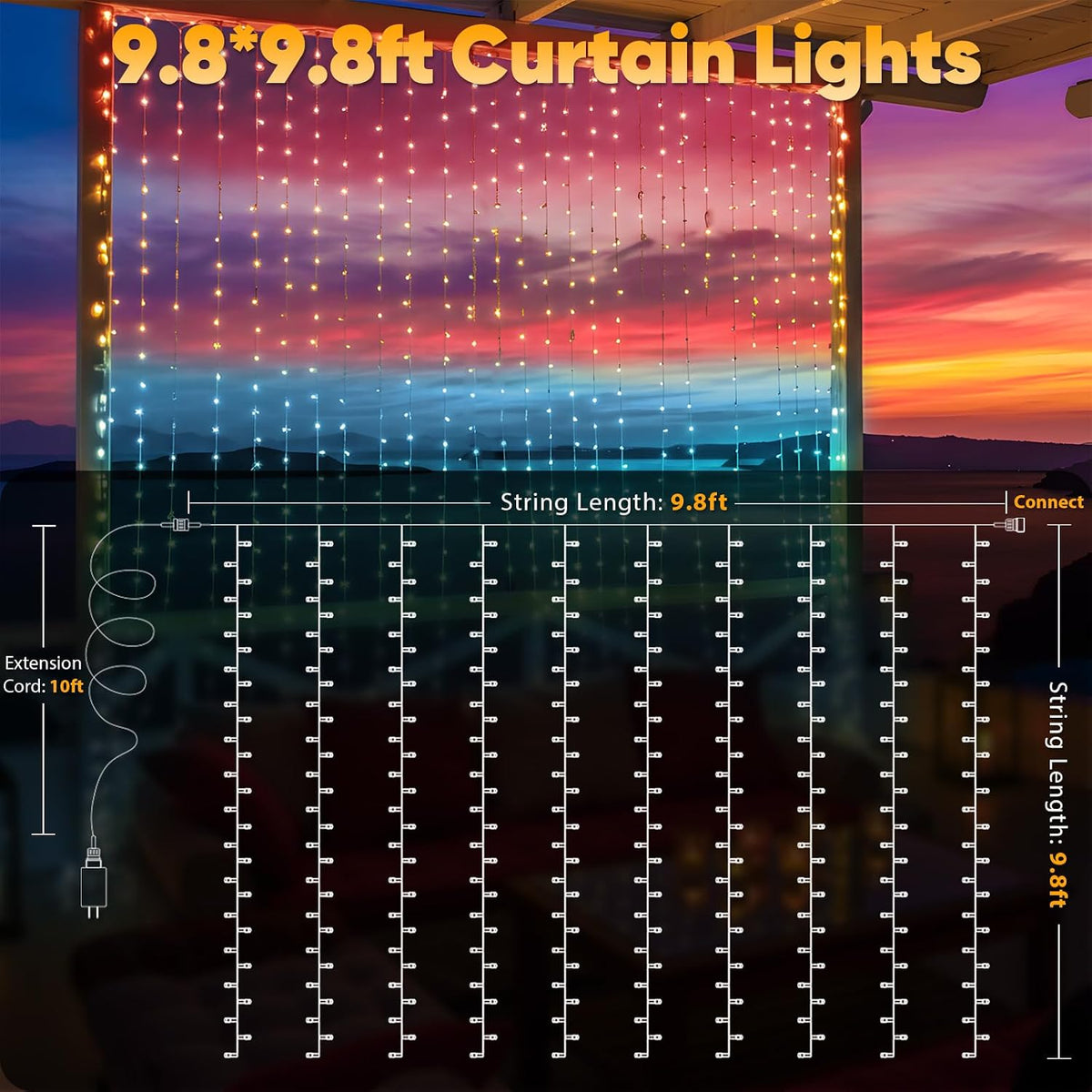 suddus Curtain Lights, 300 Led 9.8 * 9.8ft Sunset Curtain Fairy Lights