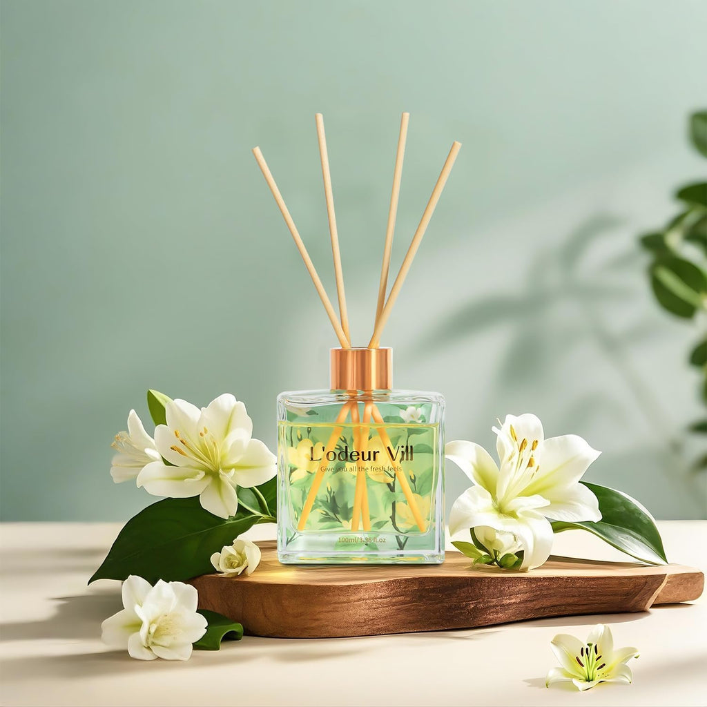 L'odeur Vill Reed Diffuser Set/Jasmine & Lily/3.38 fl.oz（100ML）/1 Pack with 6 Reed Sticks/Home Fragrance Diffuser, Oil Scent Diffuser for Bathroom Shelf Decor.