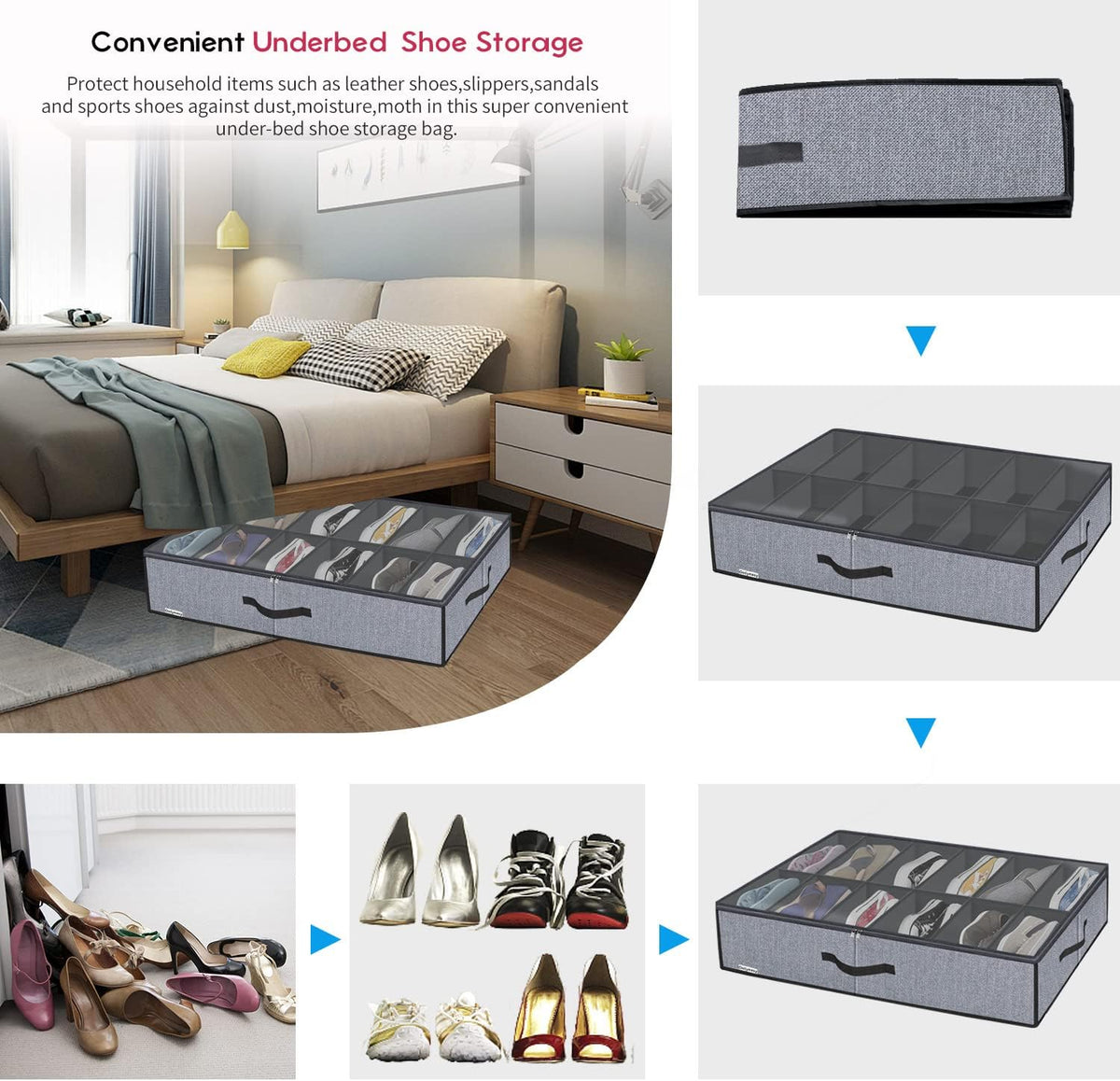 Onlyeasy Large Under Bed Shoe Organizer (6 to 12 Pairs x 2) - Underbed Shoes Closet Storage Solution with Metal Zipper and 2 Handles, Breathable, 29.3"x23.6"x5.9", Linen-like Grey, MXDUBSB2P