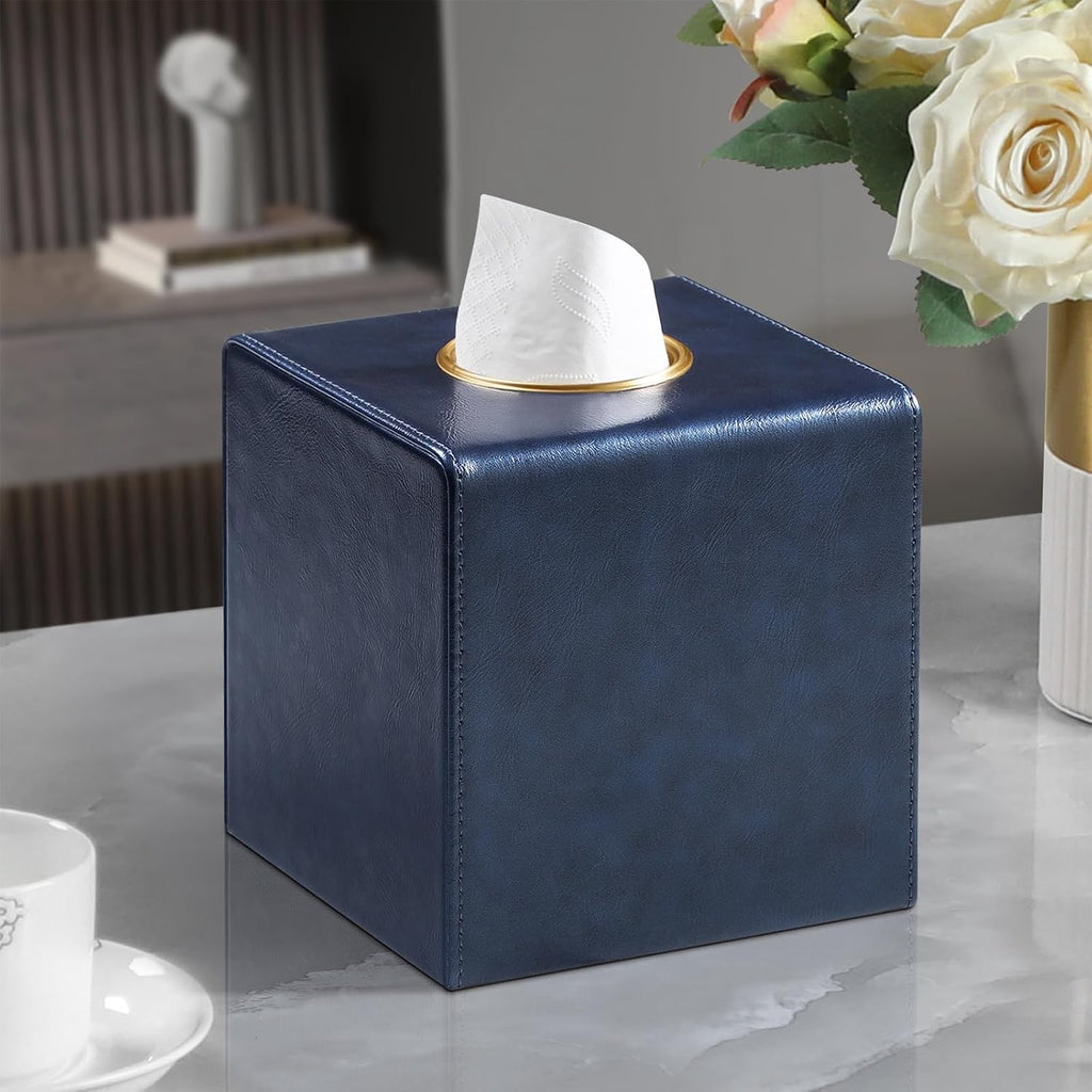 Square Tissue Box Cover with Magnetic Closure, Navy Blue