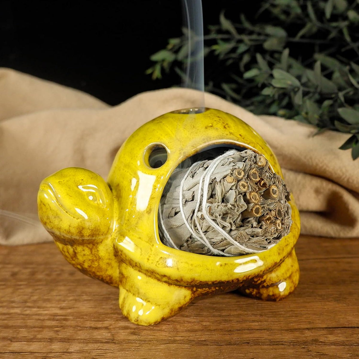 Mougigi Yellow Ceramic Turtle Palo Santo Burner Holder Chiminea Incense