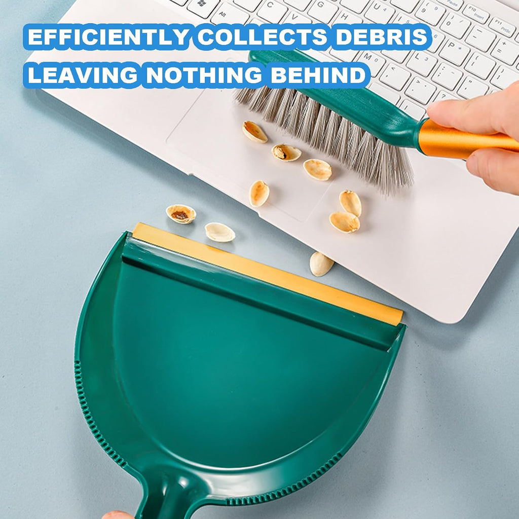Small Broom with Dustpan Combo Set Mini Broom and Brush Set Hand Sweeper for Cleaning Desk Office Kitchen Pet Nest (Green)