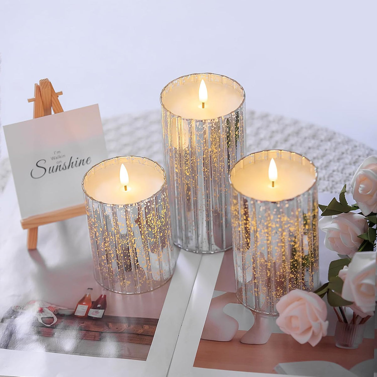 volnyus Silver Flameless Candles Set - 3 Pack(Φ 3" H 4" 5" 6") with Remote, Starscape Glass LED Night Lights for Home Decor, Wedding, Christmas Mantle,Battery Operated Flickering LED Pillar Candles