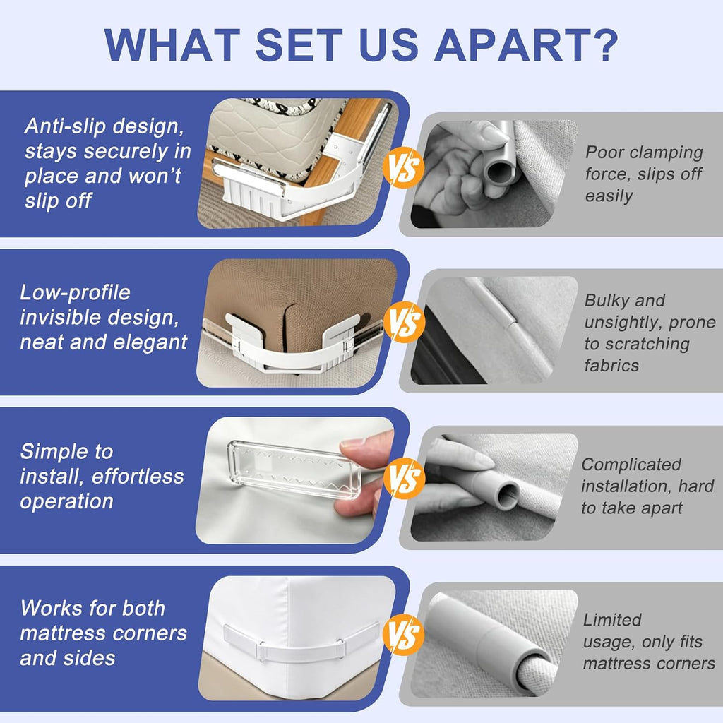 Bed Sheet Holders for Corners with Elastic Lock Straps for Mattress Sizes