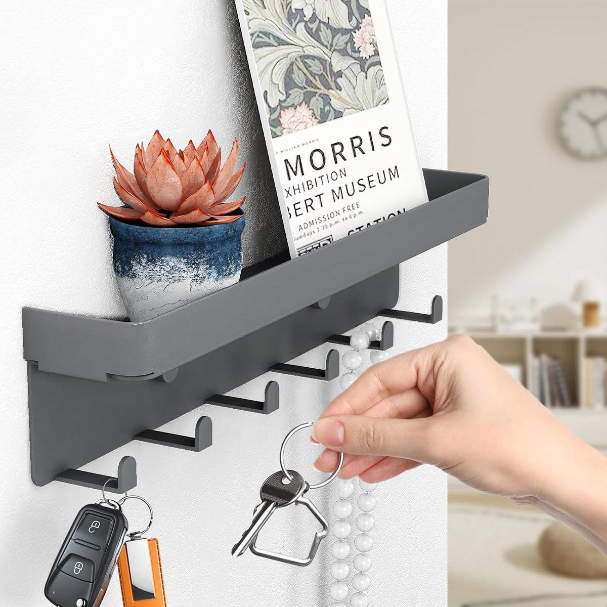 2 Pcs Wall Key Holder Rustic Key & Mail Organizer Adhesive Key Hooks, Gray