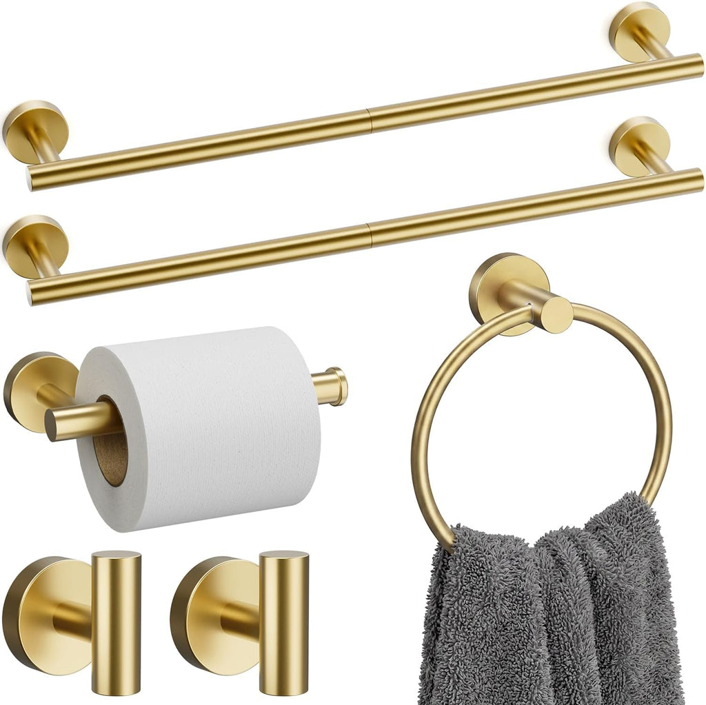 Brushed Gold Bathroom Accessories Set, 6 Pieces Bathroom Hardware Set Gold Bathroom Set, 24 Inch Towel Racks for Bathroom, SUS304 Stainless Steel Bath Towel Bar Set Toilet Paper Holder Wall Mounted