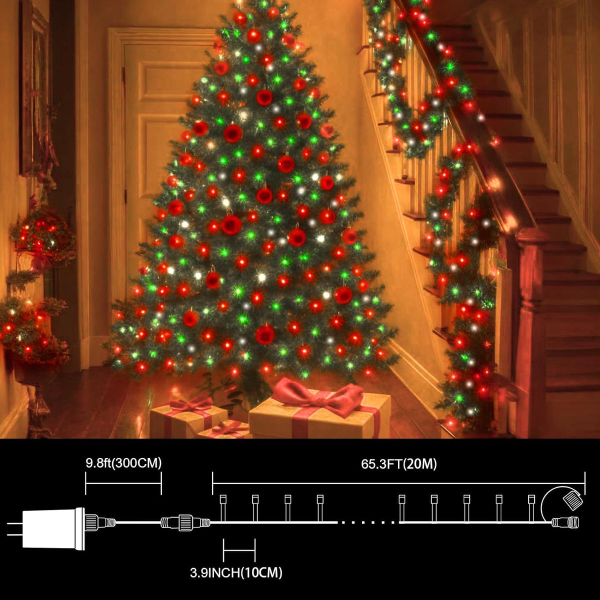 LAMPHOME Red Green White String Lights, 65.3ft 200 LED Christmas String Lights, Mini Fairy Starry Plug in with16 Modes for Outdoor Xmas Tree Wedding Party Decoration
